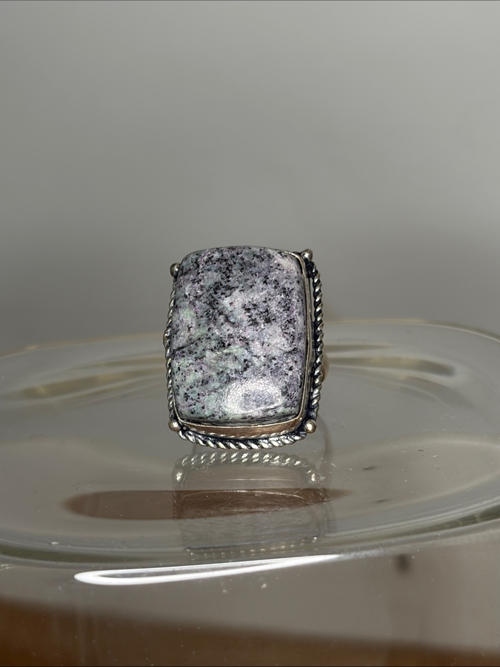 Silver Plated Grey Natural Stone Statement Ring sz 7
